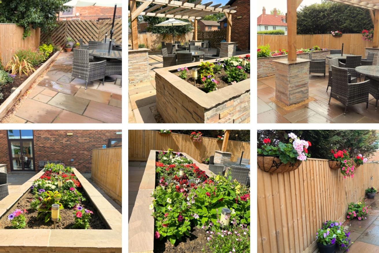 A collage of Harry Garrett Court garden portraying a light beige stone patio decorated with large planters holding bright flowers