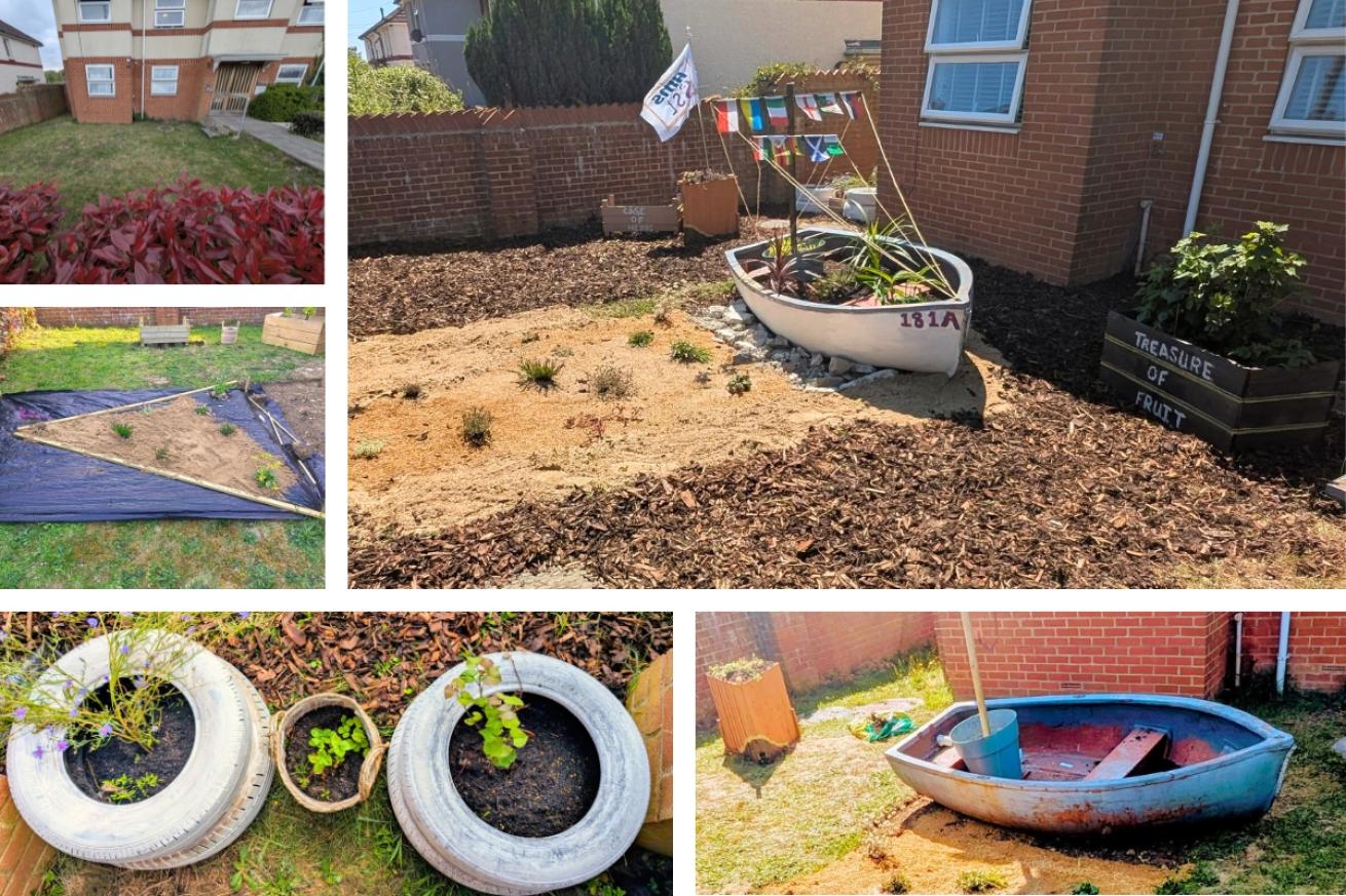 A collage of London Road garden showing how they transformed a once-empty plot into a quirky vegetable patch using an old row boat to hold vegetables