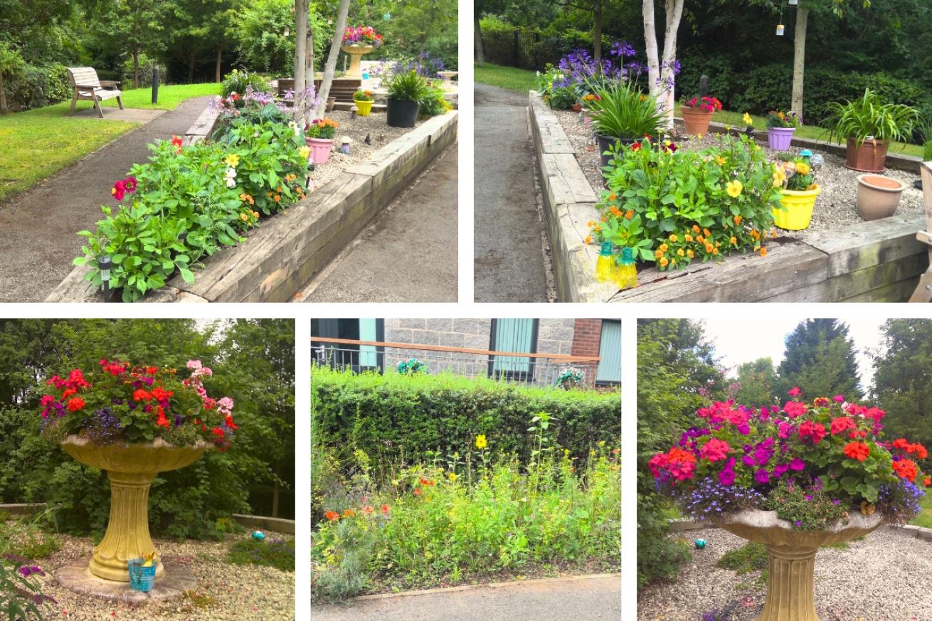 A collage of Roman Ridge garden showing a full bushel of red and purple flowers atop a large stone pillar planter, they also show an arrangement of flowers within a triangular flowerbed with a birch tree in the center