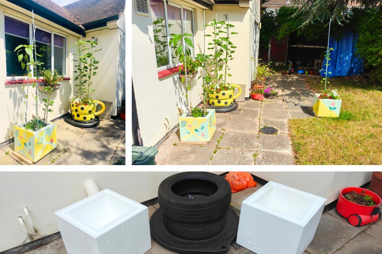 A collage of Savernake Road garden, it shows that they have hand painted tyres and cubes to make 3 hand made pots. The pots are painted yellow and light blue and have tall sunflowers growing in them.