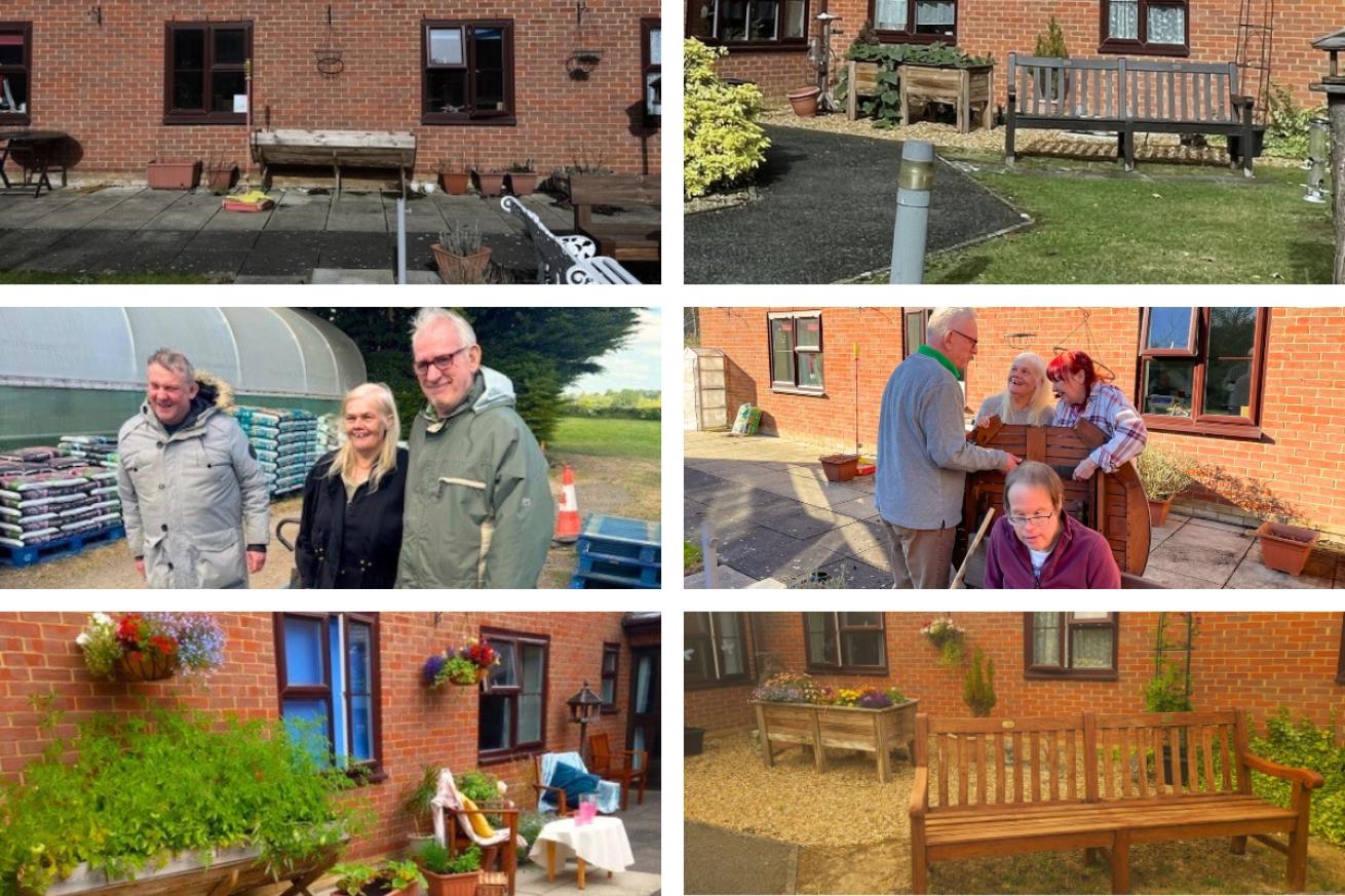 A collage of Shaftesbury Court garden, they show images of a worn down planter and bench, then the residents helping renew the garden and then the planter transformed into a lush green arrangement with hanging flower baskets and the bench repainted a warm brown
