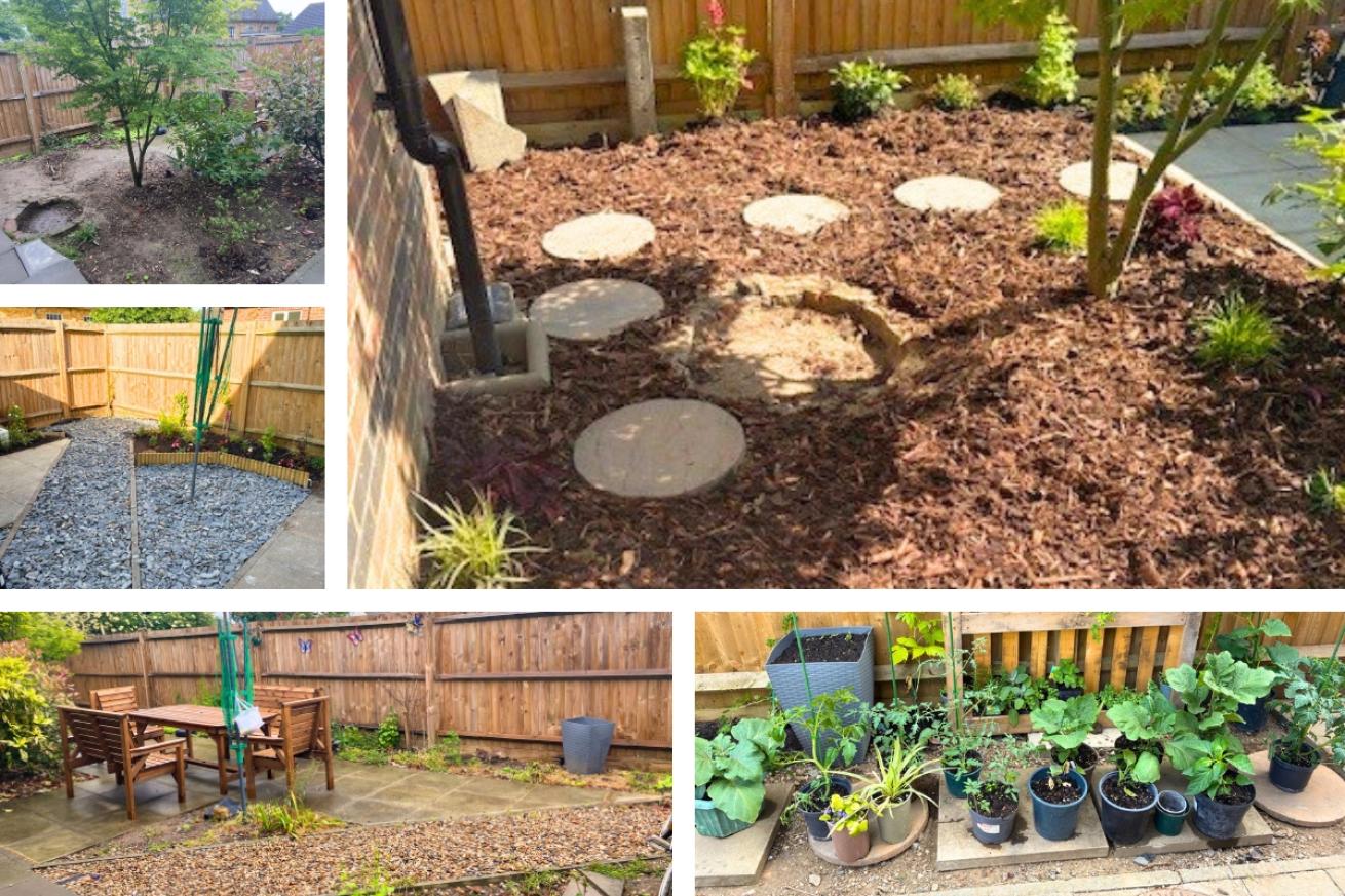 A collage of Simon Mead House garden, they have transformed the corner of their garden into a lovely woodchip planting area with a stepping stone pathway through it, they also show their collection of lush green potted plants