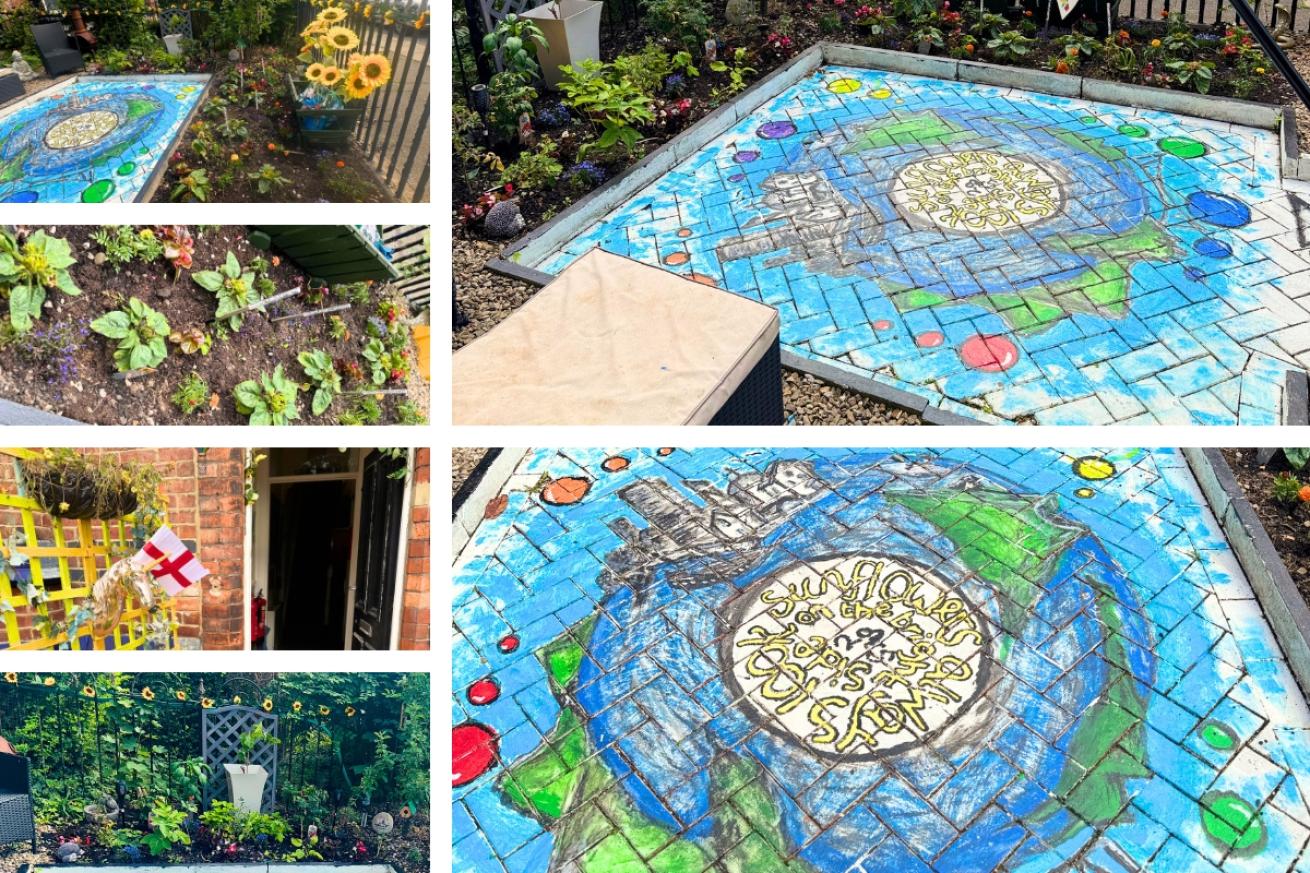 A collage of Station Road garden showing their lovely plants and sunflower decorations, these all surround a hand painted mural. The mural primarily uses blue with accents of green and portrays the earth with mountains pointing outwards and a picture of a city atop the earth, words in the center of the earth read "Sunflowers always look on the BrightSide 2025"