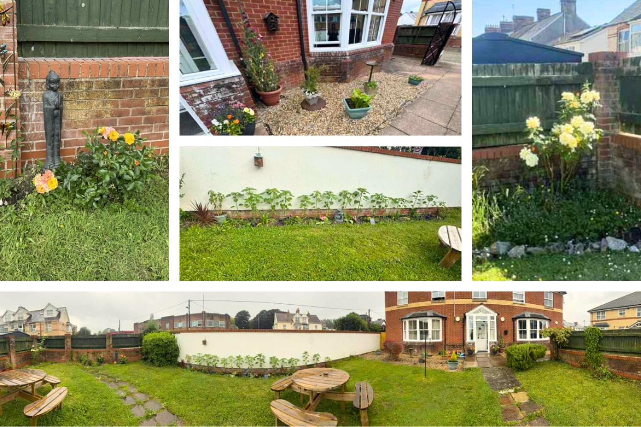 A collage of The Maples garden, they show their lush arrangements of plants and tall white rosebush next to two picnic tables