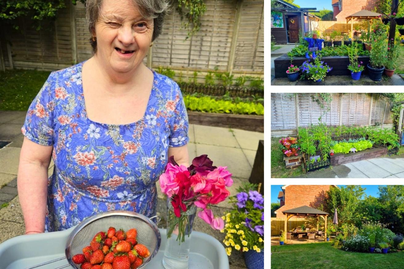 A collage showing off Tilmore Gardens' bustling and vibrant fruit and vegetable patch as well as a photograph featuring a resident showing off freshly picked strawberries and a vase of flowers picked from the garden