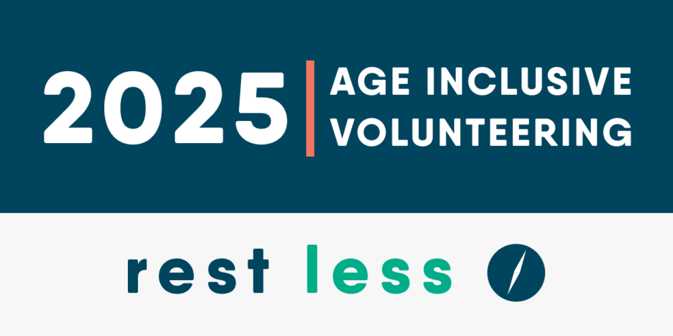 The Rest Less volunteering logo, it reads "2025 - Age inclusive volunteering - Rest Less"