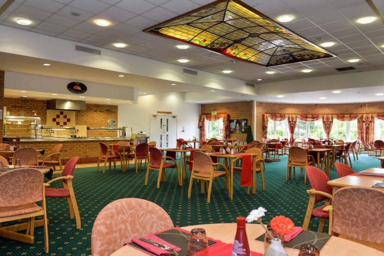A well-lit dining room with a large, stained-glass ceiling depicting a heraldic crest. Numerous wooden tables are arranged in rows, each set with cutlery, napkins, and a small vase of flowers. Several patrons are seated, and a buffet-style service counter is visible along one wall. The room has a warm, brick-walled aesthetic with large windows overlooking a garden.