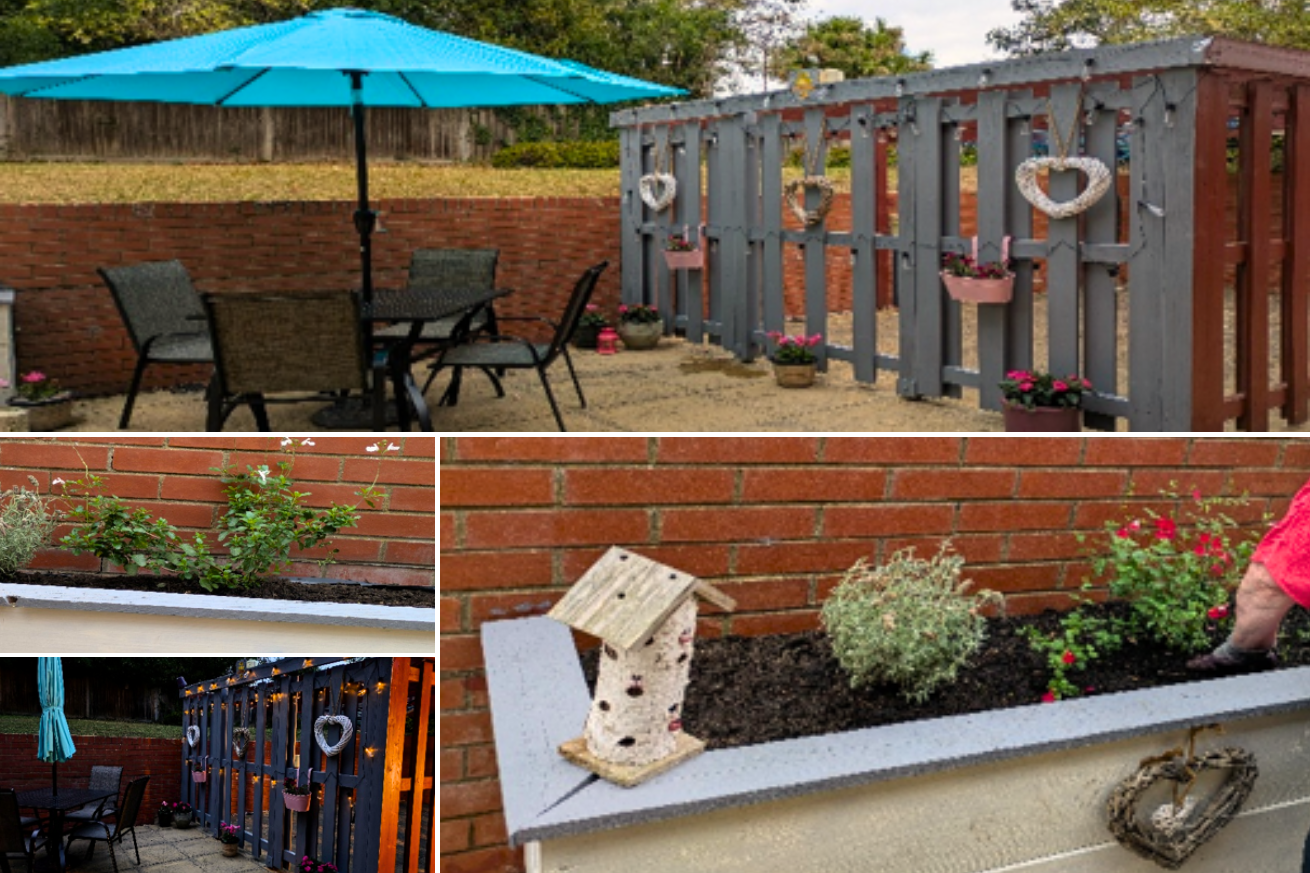 Dobsons House have built a lovely seating area and plant box filled with lush green plants. One image shows the ambient fairy lights they have hung up for evening.