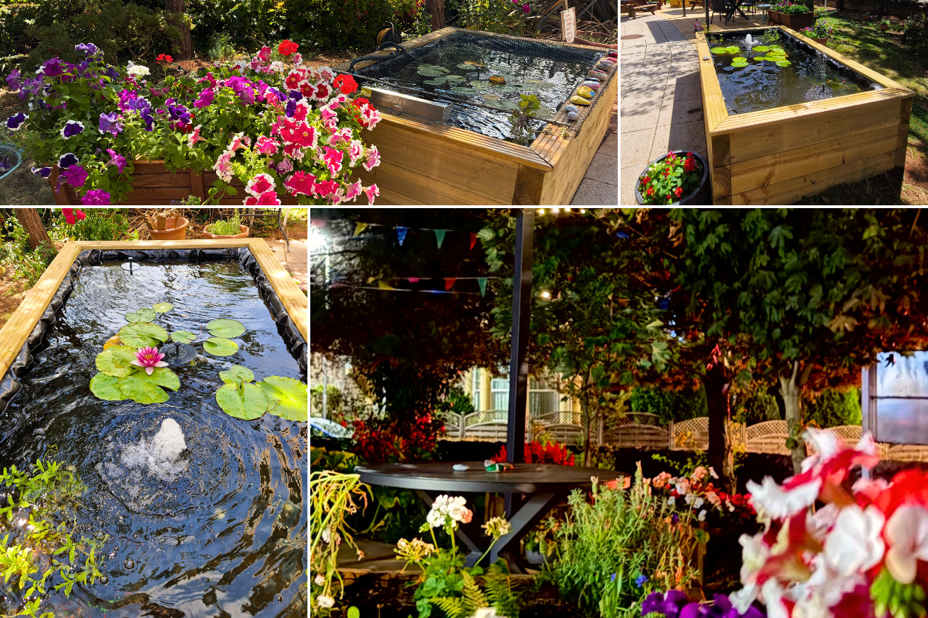 Dunboyne Court show their pond with water feature they built with lush and vibrant flowers surrounding it.