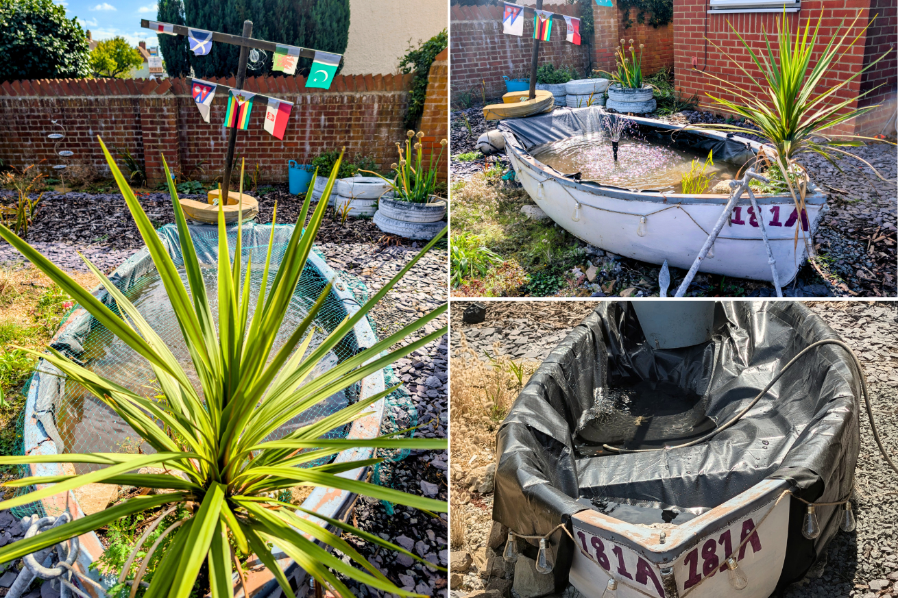 London Road show the boat they repurposed into a water feature and plant pot. The head of the ship holds a large spiked plant.