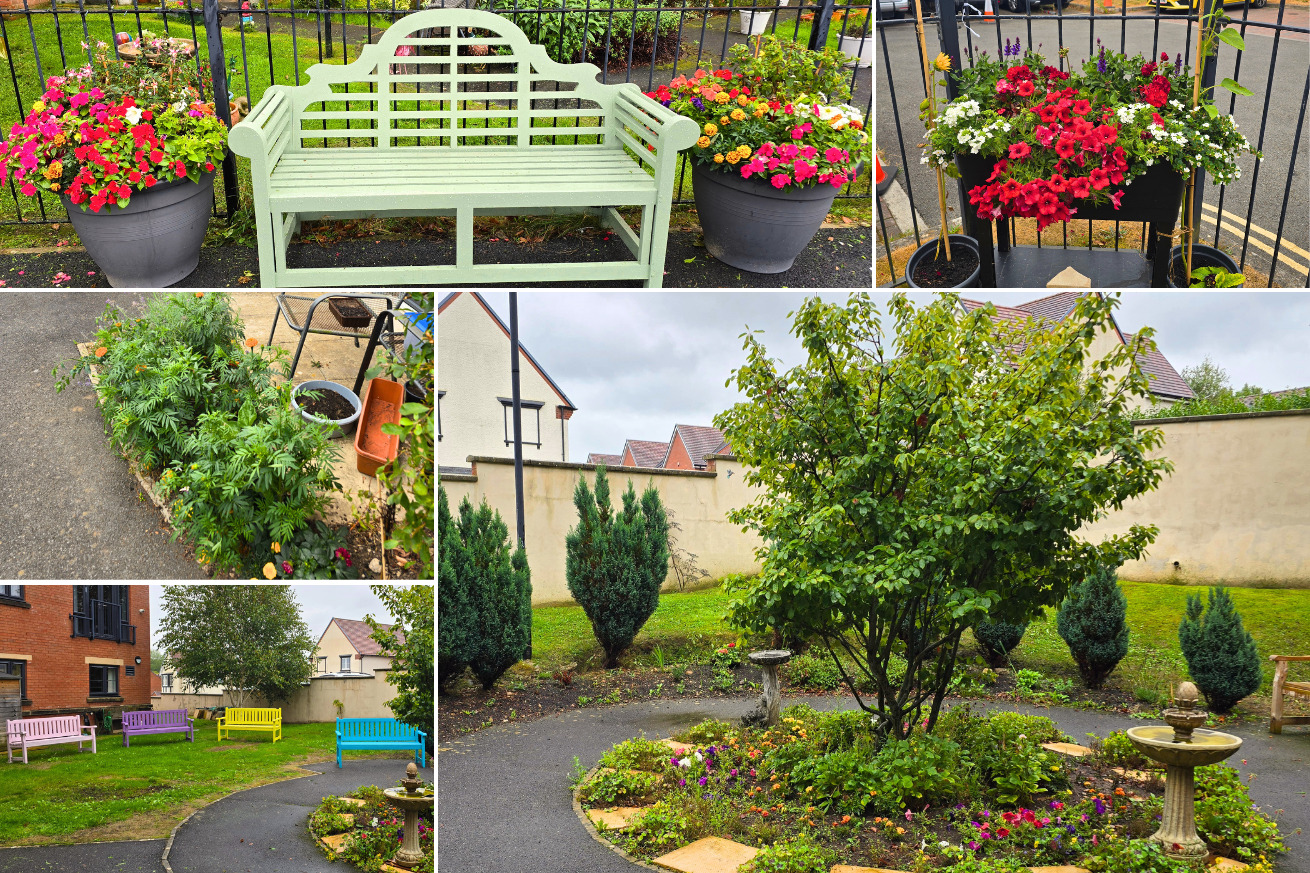 Moreton Court show the bushels of bright red flowers they planted and the several benches they painted bright colours