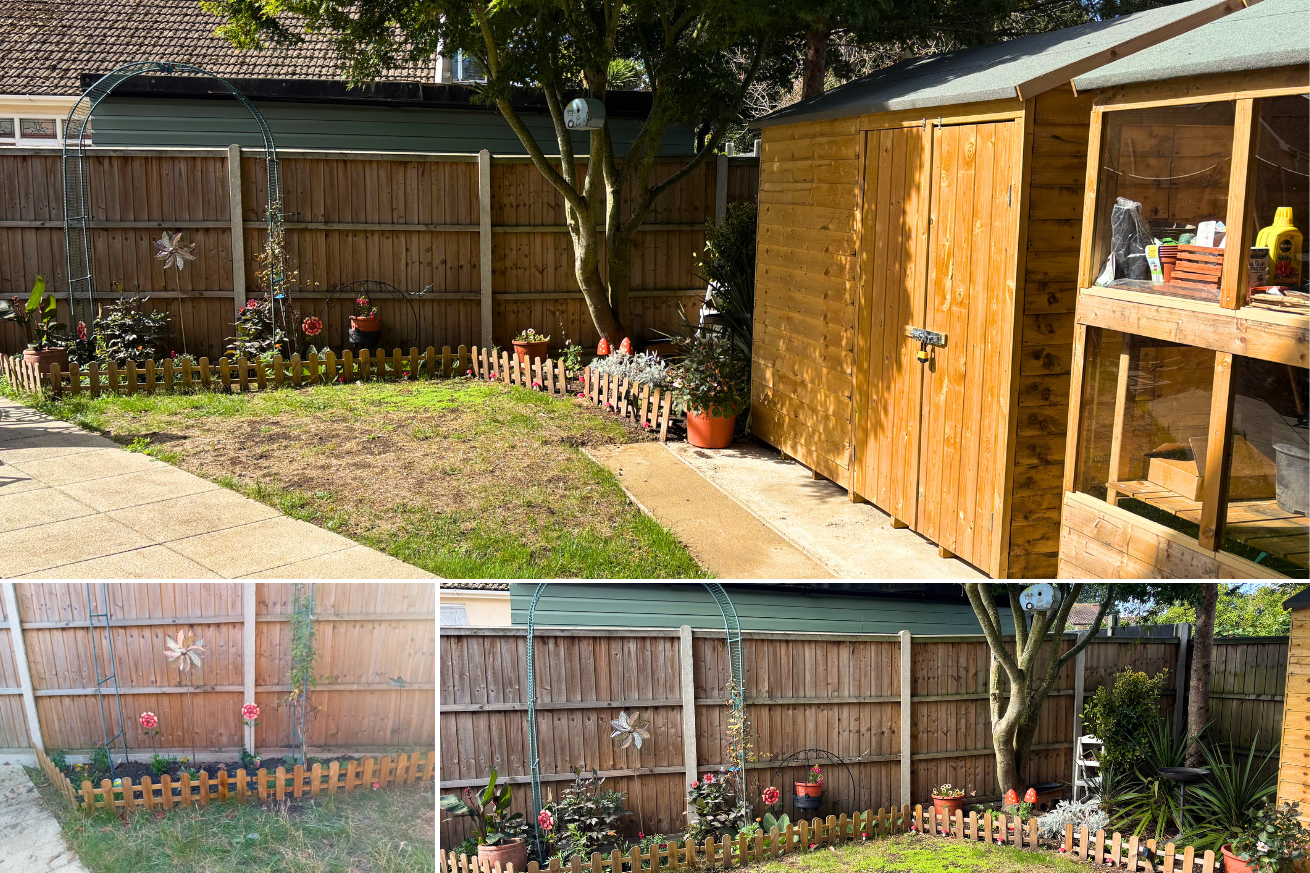 Oak Lodge show their planting area with a tree and many lush plants, decorated with a birdhouse and whirligigs
