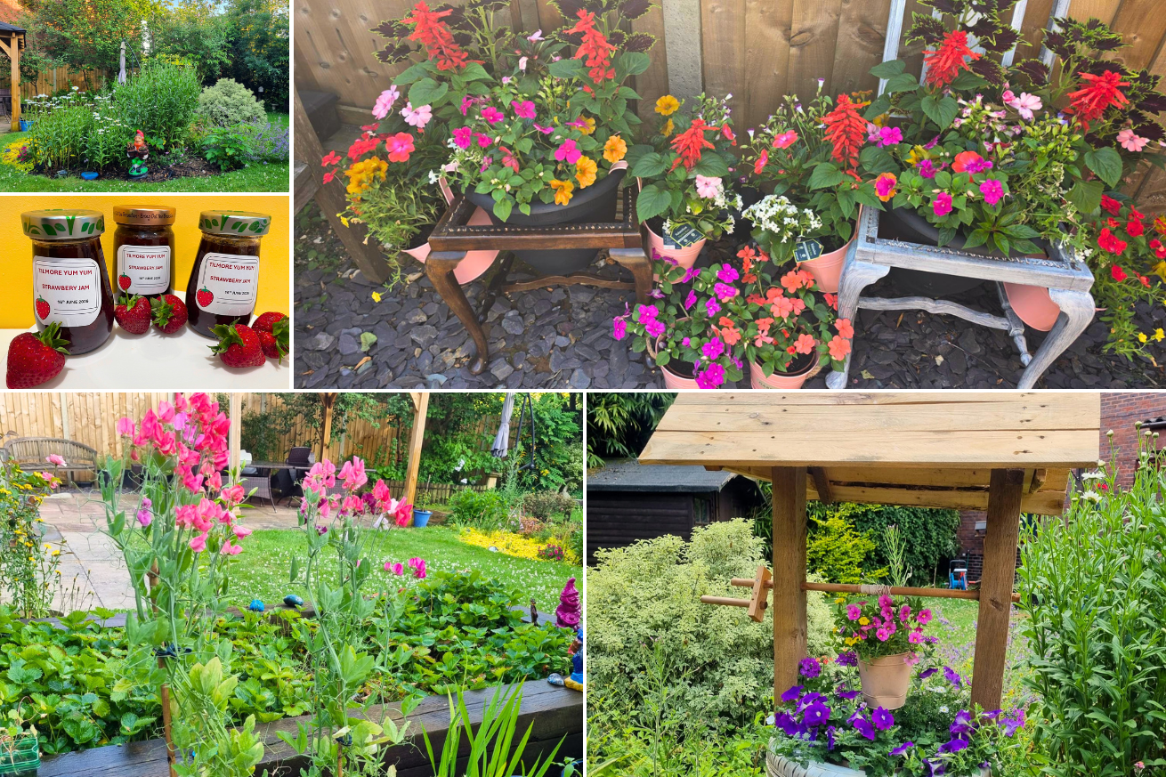 Tilmore Gardens show their beautiful flower presentations made in a small decorative well, repurposed wooden chairs and they also show the jam they made and packaged