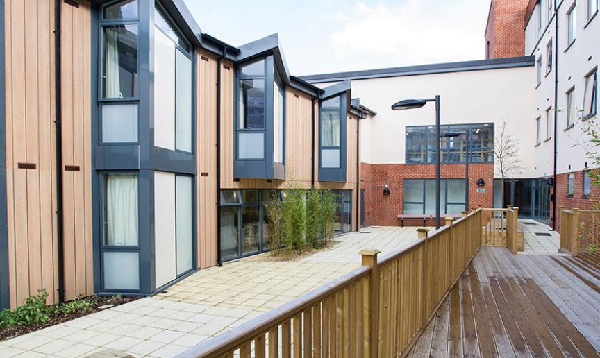 Exterior photo showing the front of Defoe Court