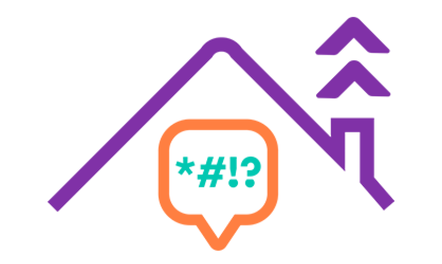Purple house outline with cursive abbreviations in a speech bubble underneath