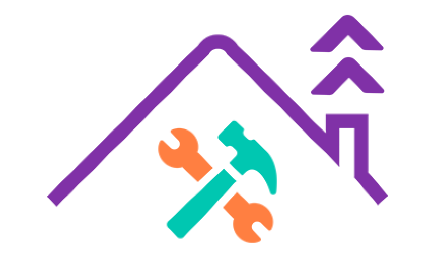 Purple house outline with a crossed hammer and spanner underneath