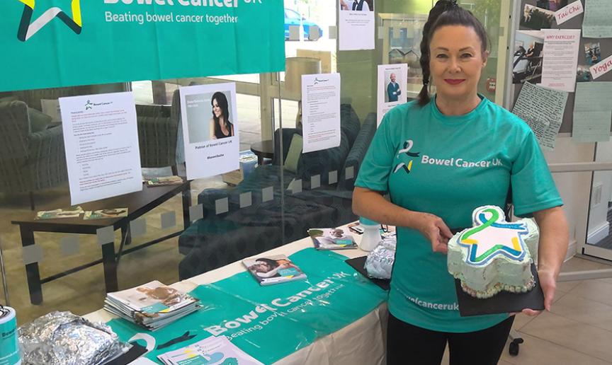 Staff member fundraising for bowel cancer UK at Jazz Court