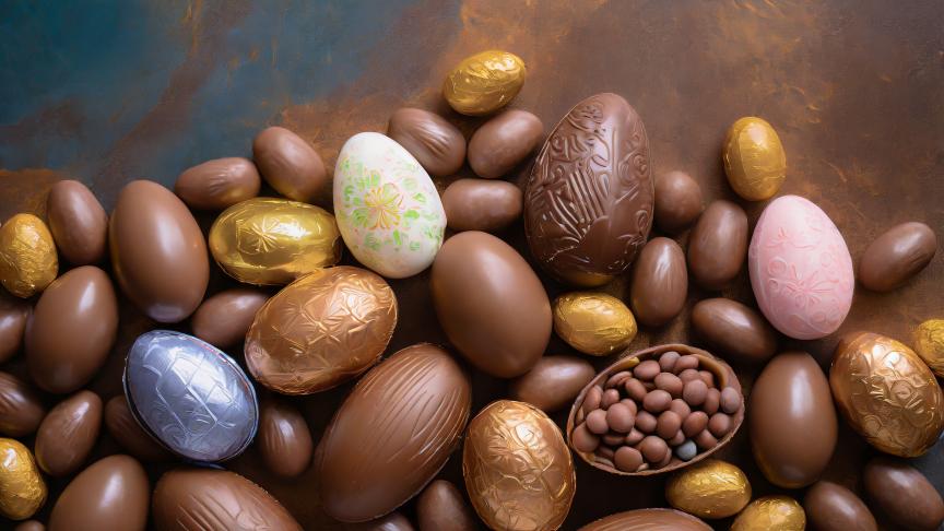 Collection of chocolate easter eggs on a brown and blue background