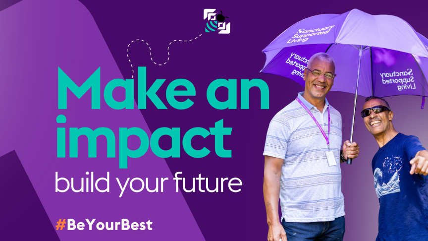 "Make an impact, build your future. Adult social care - the purpose behind what we do" writing on a purple decorative visual with 2 men smiling, standing under a purple branded umbrella