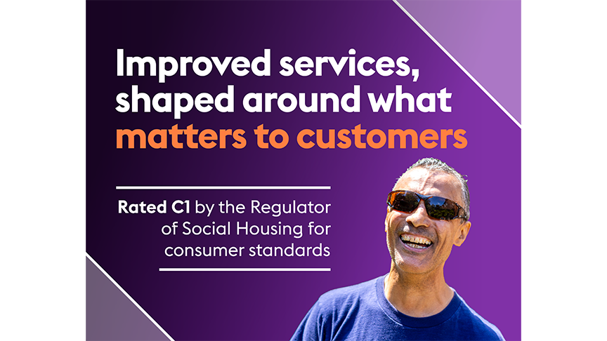 Purple banner with Improved services shaped around what matters to customers, noting C1 consumer standards rating from social housing regulator.