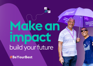"Make an impact, build your future. Adult social care - the purpose behind what we do" writing on a purple decorative visual with 2 men smiling, standing under a purple branded umbrella