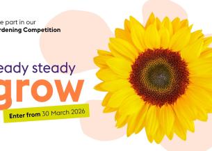 Graphic promoting Sanctuary Supported Living's Gardening Competition. A large yellow sunflower is shown on the right against soft light orange tint shapes. Text on the left reads: ‘Take part in our Gardening Competition. ready steady grow.’ A small bee is positioned near the heading. A bright green label states: ‘Enter from 30 March 2026.'