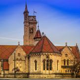Christ church a 19th Century church, built from natural stone and decorative red roofing turrets. 