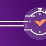 A white stopwatch icon on a purple background